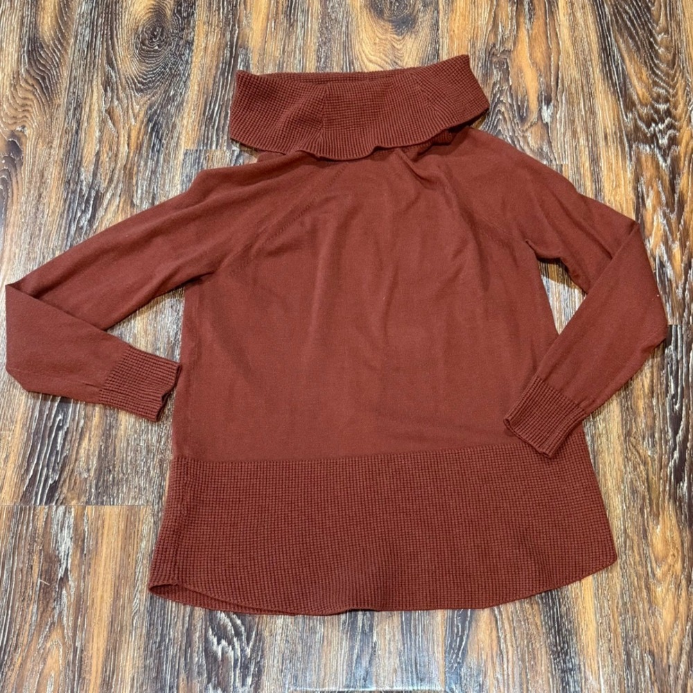 Cyrus Size L Sweater Women Rust Brown Cowl Neck Waffle Knit Mixed Media C981934S